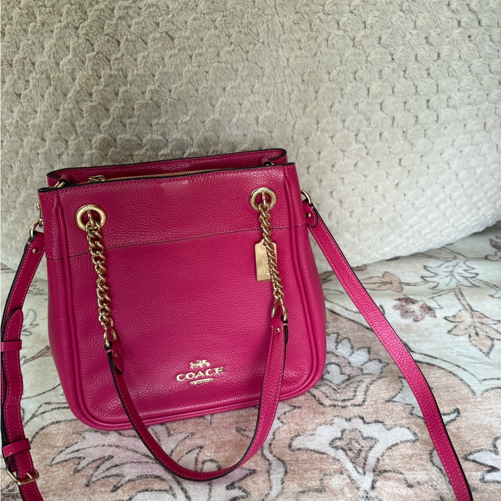 Coach Pebbled Leather Shoulder Bag in Fuchsia Pink with Gold Chain
